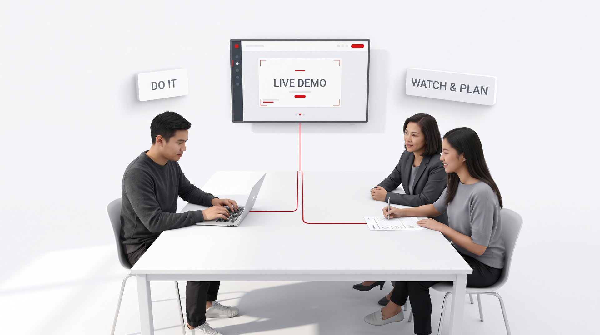 จอ LIVE DEMO ผู้เรียนหนึ่งคนทำตามบนแล็ปท็อป อีกสองคนดูและเขียนใบงาน